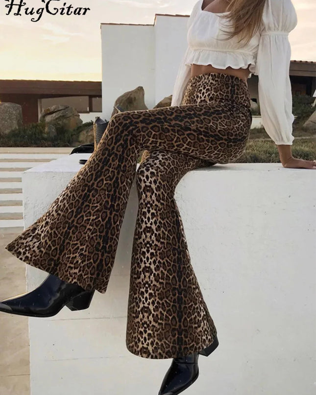 Hugcitar Women's High Waist Leopard Print Flare Pants