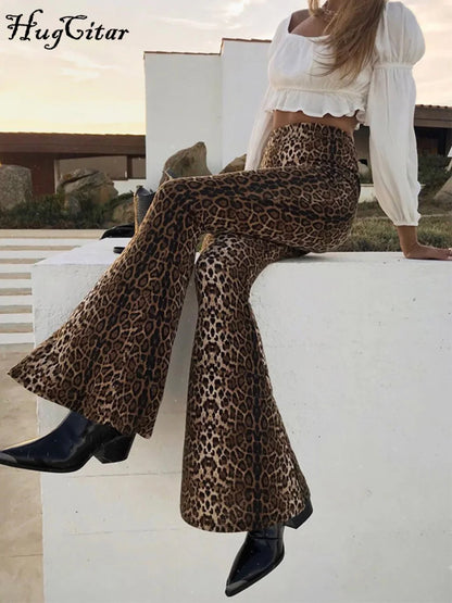 Hugcitar Women's High Waist Leopard Print Flare Pants