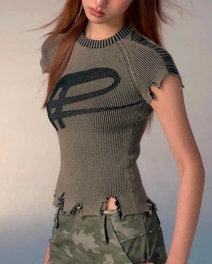 Karrcat Women's Knitted T-Shirt – Vintage Distressed Slim Fit & Ribbed Design