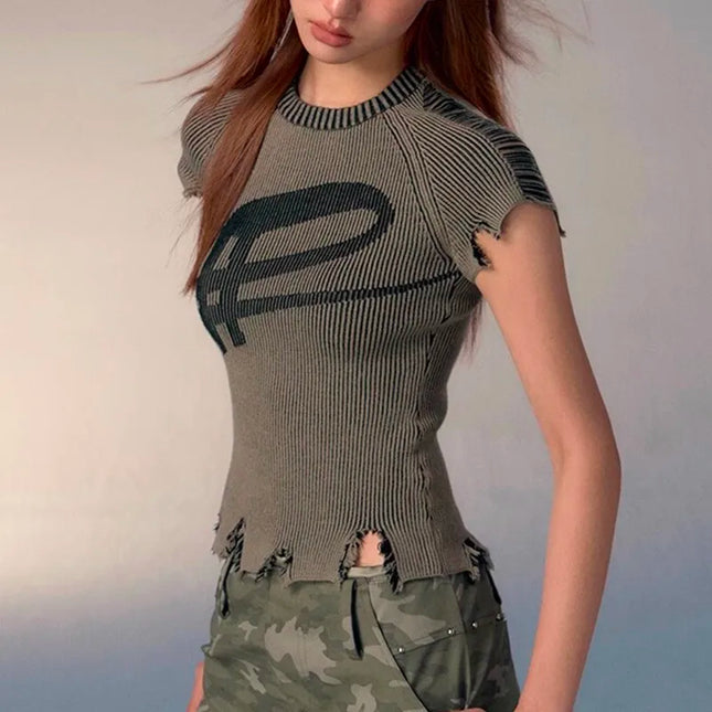 Karrcat Women's Knitted T-Shirt – Vintage Distressed Slim Fit & Ribbed Design