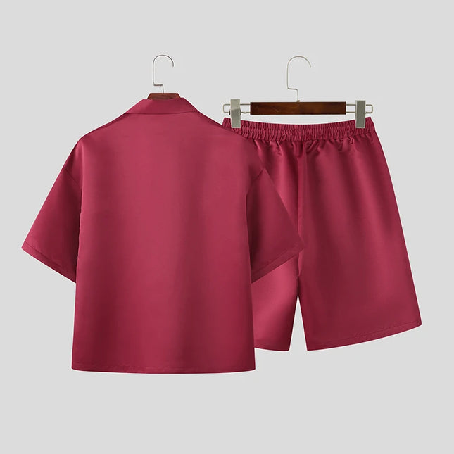 Incerun Men's Two-Piece Short Sleeve Shirt and Shorts Set