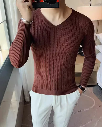 Men's V-Neck Long Sleeve Slim Fit Casual Knit Sweater