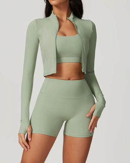 3-Piece Women's Workout Sets | Sportswear Gym Clothing with Zipper Long Sleeve Top & High-Waisted Leggings