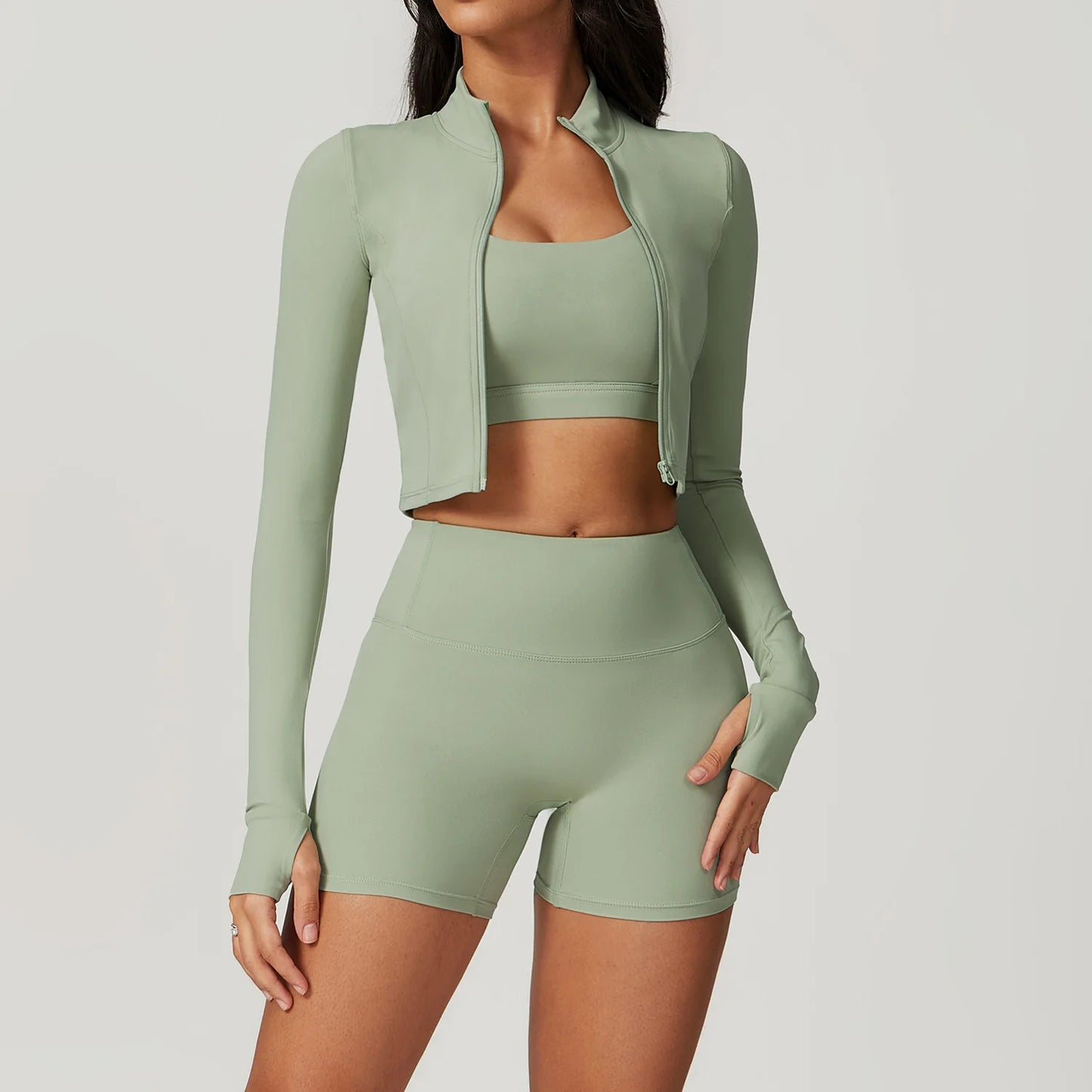 3-Piece Women's Workout Sets | Sportswear Gym Clothing with Zipper Long Sleeve Top & High-Waisted Leggings