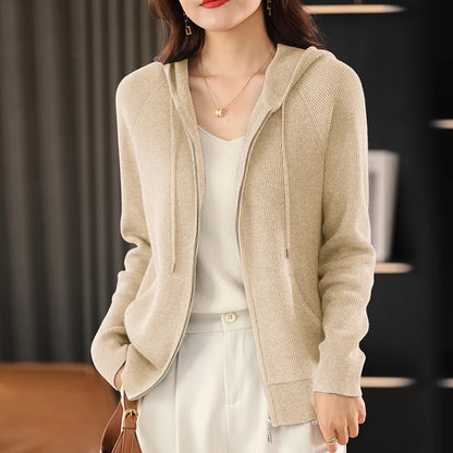 Women's Wool Blend Hoodie Sweater - Thick Knitted Zipper Cardigan with Hood