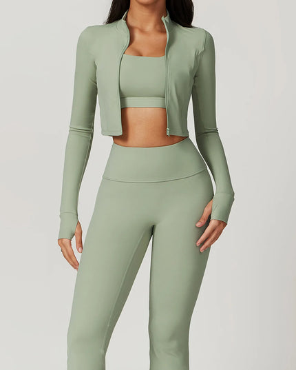 3-Piece Women's Workout Sets | Sportswear Gym Clothing with Zipper Long Sleeve Top & High-Waisted Leggings