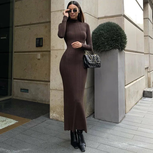 Elegant Turtleneck Knitted Women's Dress with High Waist