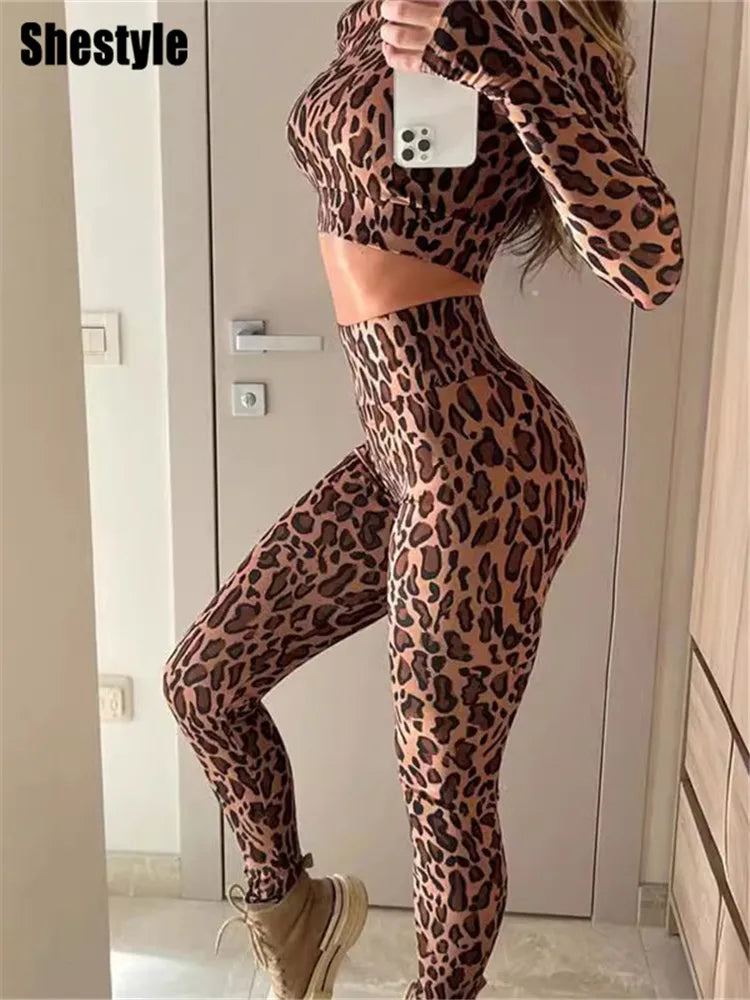 Shestyle Women's Leopard Crop Top & Pants Set - 2 Piece Outfit