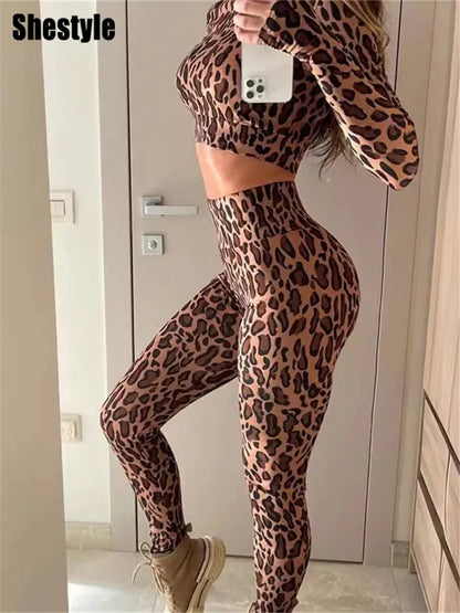 Shestyle Women's Leopard Crop Top & Pants Set - 2 Piece Outfit