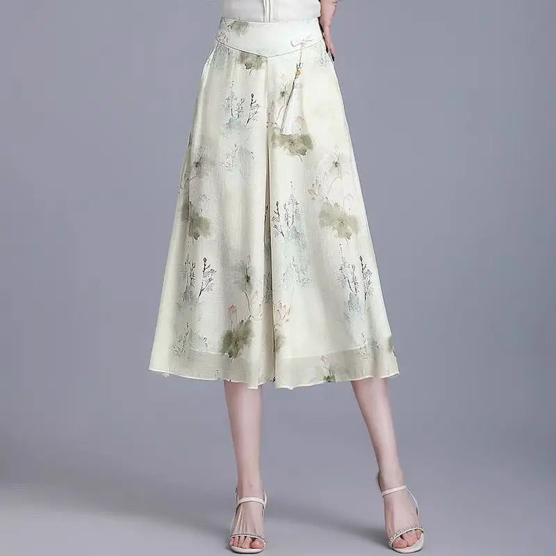 Women's Floral Maxi Skirt - High Elastic Waist, Loose Wide Leg Design