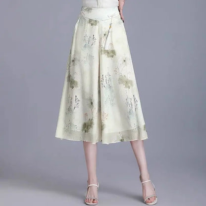 Women's Floral Maxi Skirt - High Elastic Waist, Loose Wide Leg Design