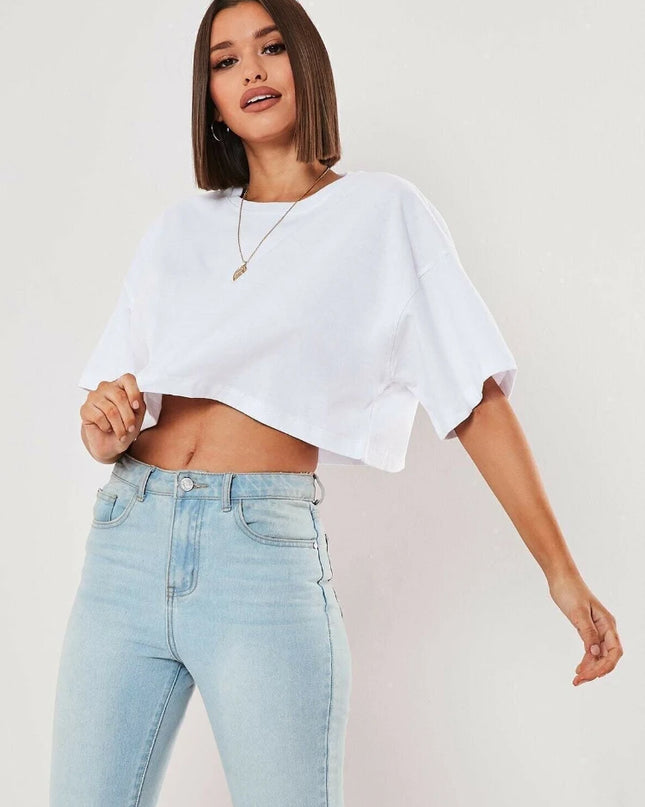Cotton Loose Fit Short Sleeve Crop Top for Women - Various Colors