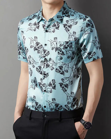 Men's Slim Fit Short Sleeve Floral Print Casual Button-Down Shirt