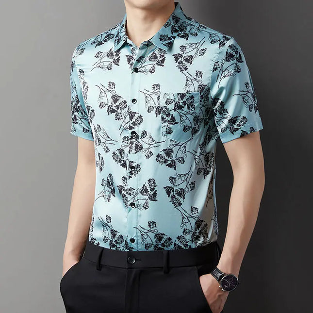 Men's Slim Fit Short Sleeve Floral Print Casual Button-Down Shirt