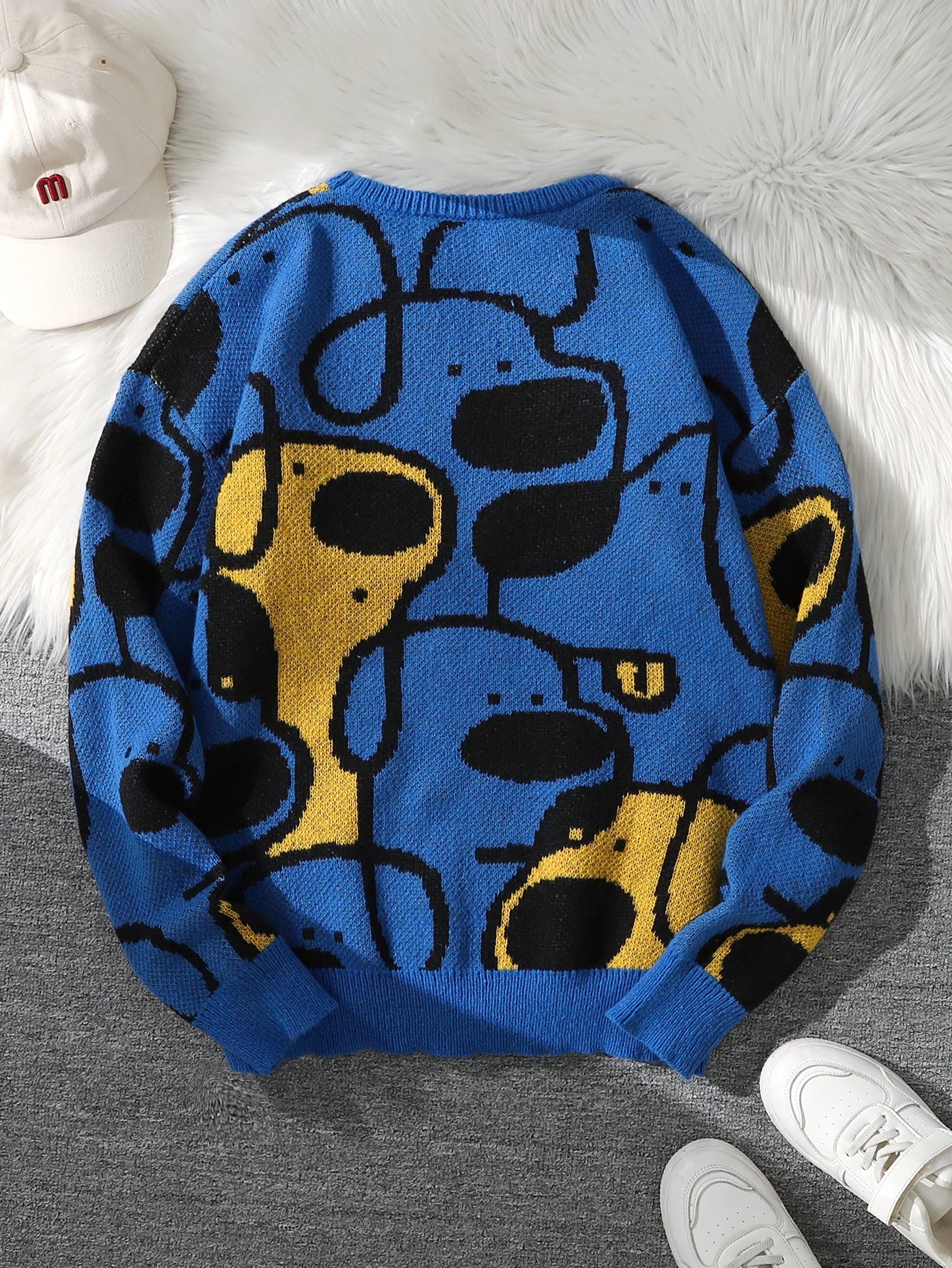 Men's Casual Crew Neck Knit Sweater with Dog Cartoon Print
