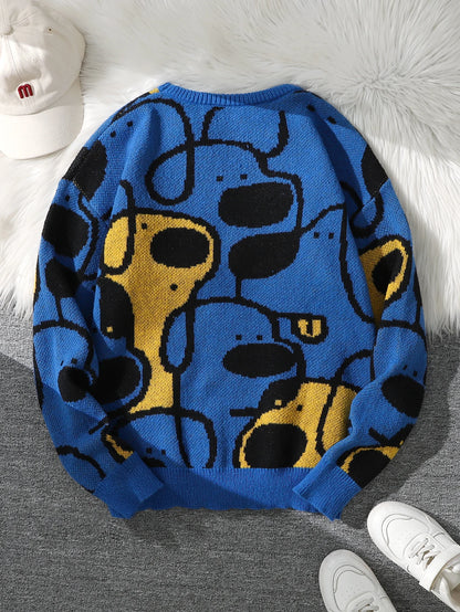 Men's Casual Crew Neck Knit Sweater with Dog Cartoon Print