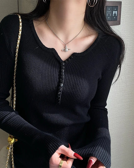 Women's Slim Fit Long Sleeve Knitted Sweater with Elastic Fit