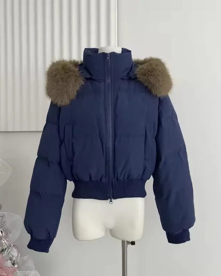 Women's Fur Collar Zipper Hooded Short Jacket - Thickened and Warm