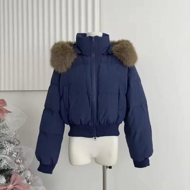 Women's Fur Collar Zipper Hooded Short Jacket - Thickened and Warm