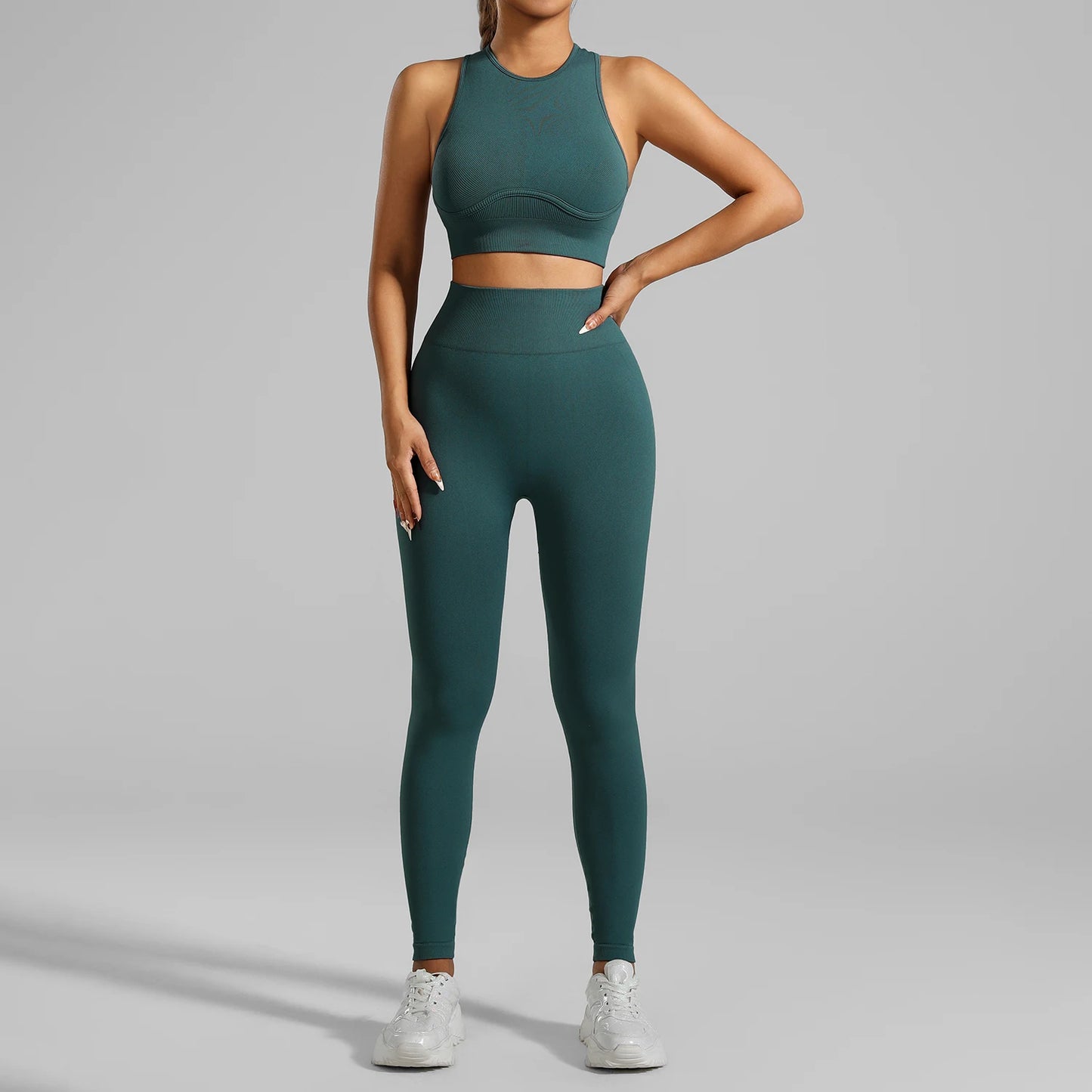 High-Waisted Ribbed Yoga Bra & Leggings Set for Women with Tummy Control