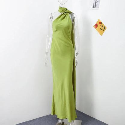 Elegant Backless Long Satin Halter Neck Dress for Women