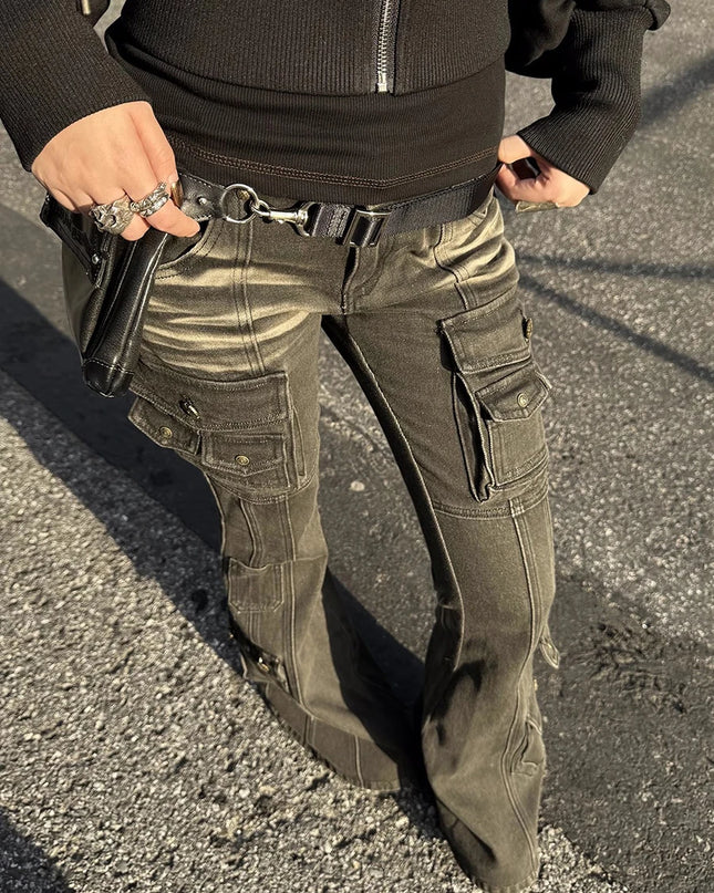 Redda Chic Women's Low Waist Cargo Jeans – Distressed, Multi-Pocket, Stretch Bootcut Denim