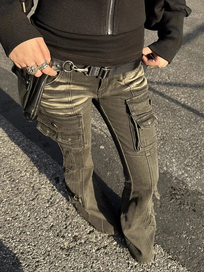 Redda Chic Women's Low Waist Cargo Jeans – Distressed, Multi-Pocket, Stretch Bootcut Denim