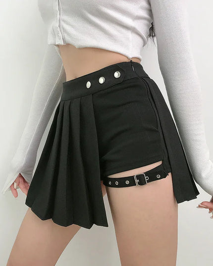 Pleated Gothic Half Skirts for Women - Asymmetrical Plaid High-Waisted