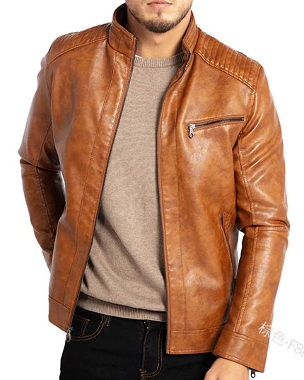 Men's PU Leather Jacket with Stand-Up Collar