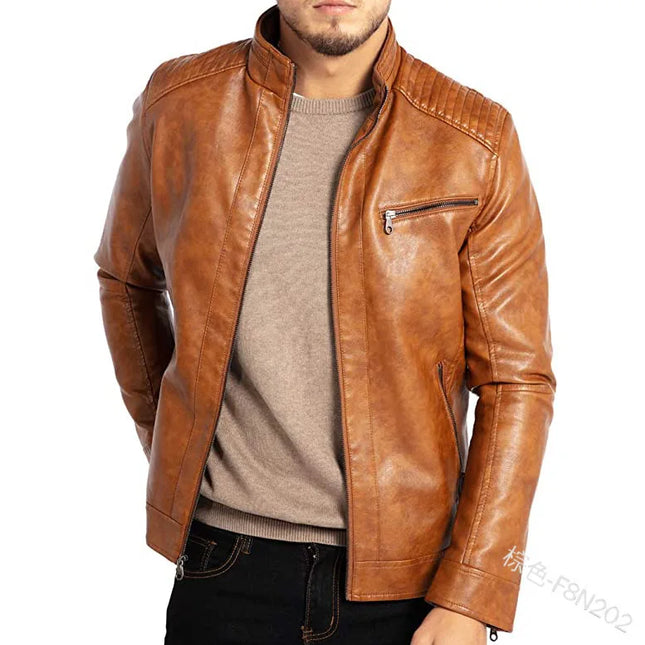 Men's PU Leather Jacket with Stand-Up Collar