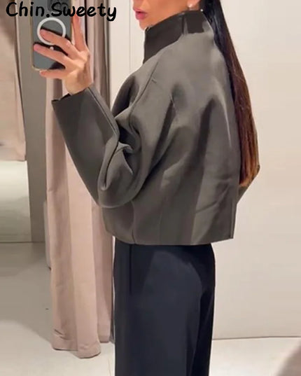Chin Sweety Women's Knitted Cropped Jacket with Stand Collar - Loose Fit