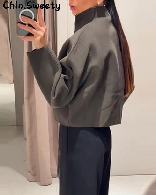 Chin Sweety Women's Knitted Cropped Jacket with Stand Collar - Loose Fit