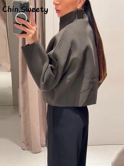 Chin Sweety Women's Knitted Cropped Jacket with Stand Collar - Loose Fit