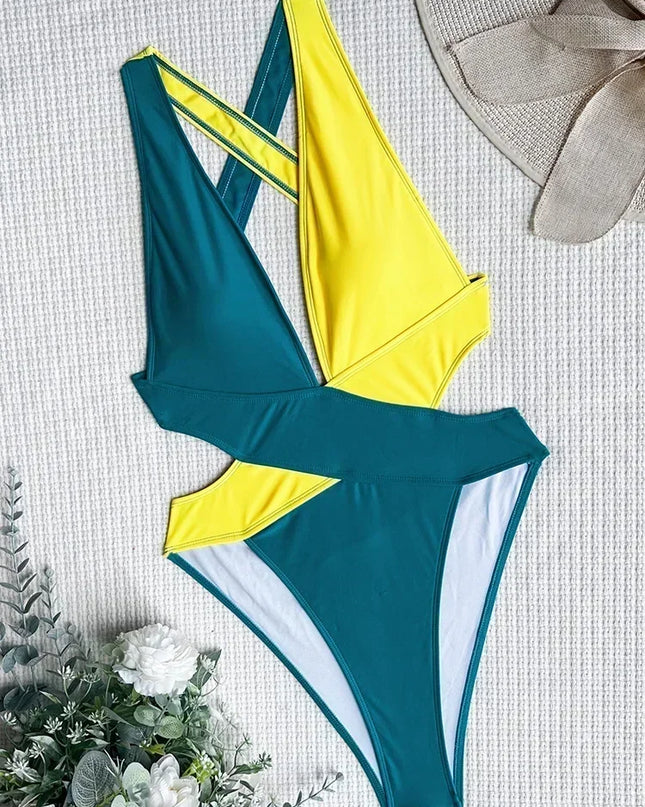 Women's Deep V Neck Cross Backless One-Piece Swimsuit - High Cut, Stylish & Flattering Swimwear