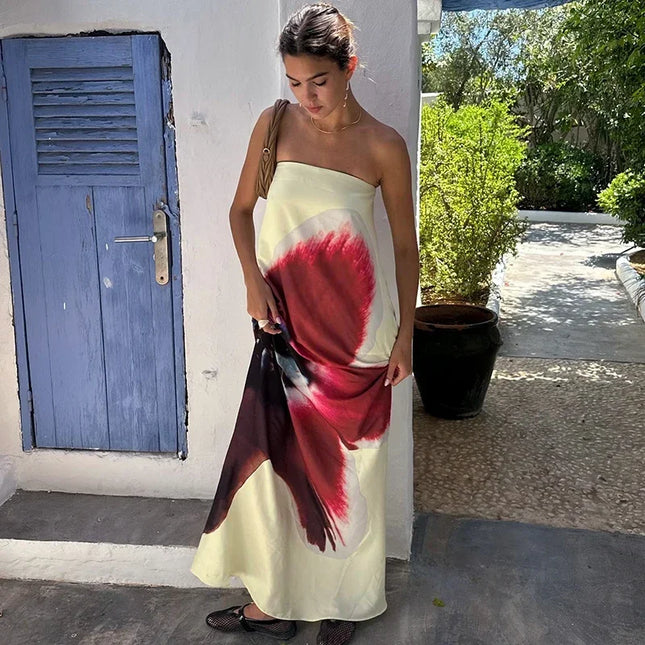 Women's Floral Off-Shoulder Strapless Backless Maxi Dress – Loose Fit
