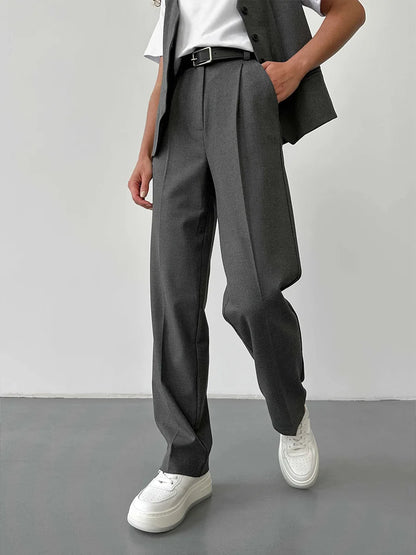 Slim Fit High Waist Straight Leg Women's Trousers