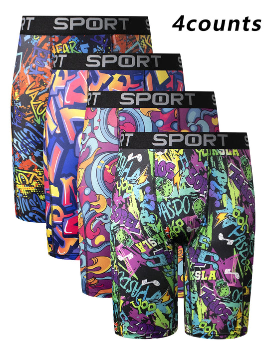 Men's 4-Piece Cartoon Graffiti Elastic Boxer Shorts Set
