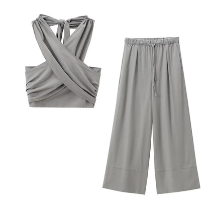 TRAFZA Women's Halter Neck Crossover 2-Piece Camisole and Pants Set