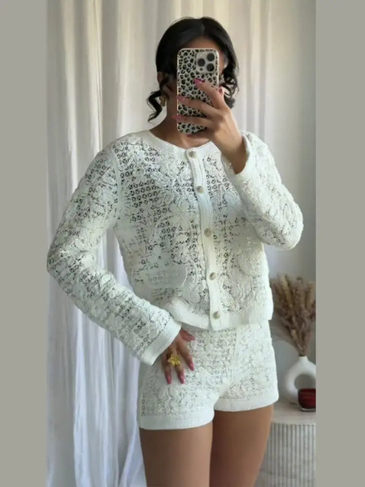 Women's Knitted  Flower Pattern Mesh Cardigan