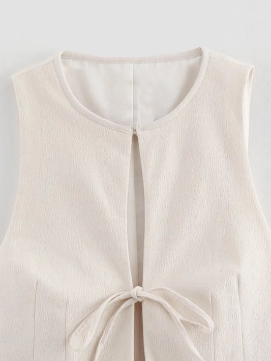 Women’s Sleeveless Slim Fit White Crop Top with String Tie