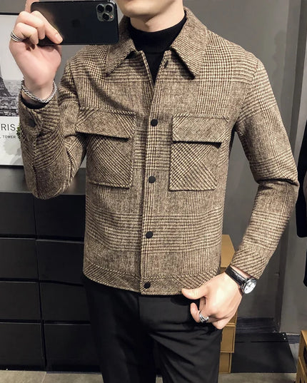 Slim Fit Men’s Polo Neck Jacket with Checkered Pattern and Multiple Pockets