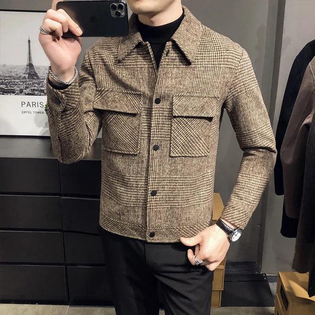 Slim Fit Men’s Polo Neck Jacket with Checkered Pattern and Multiple Pockets
