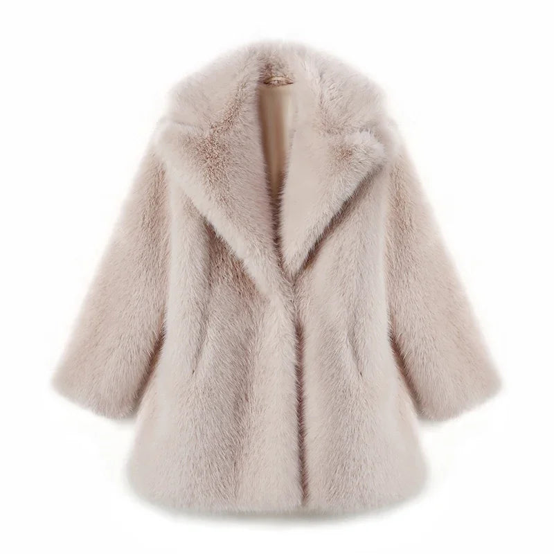 Women's Faux Fur Lapel Coat – Luxury Furry Overcoat for Women