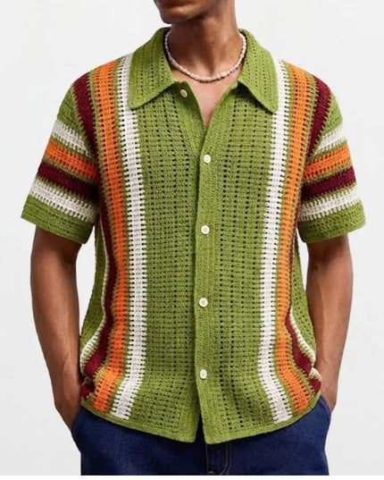 Men's Crochet Short Sleeve Casual Button-Down Shirt