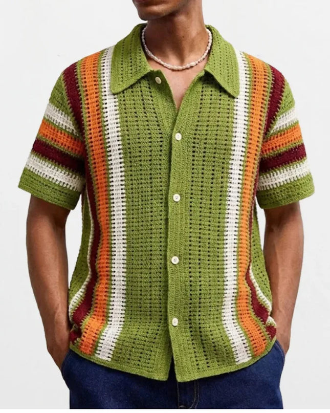 Men's Crochet Short Sleeve Casual Button-Down Shirt