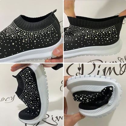 Women's Rhinestone Glitter Mesh Slip On Sneakers