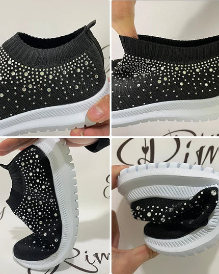 Women's Rhinestone Glitter Mesh Slip On Sneakers