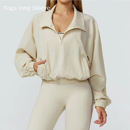 Women’s Long Sleeve Gym Fitness Jacket with Zipper and Pockets