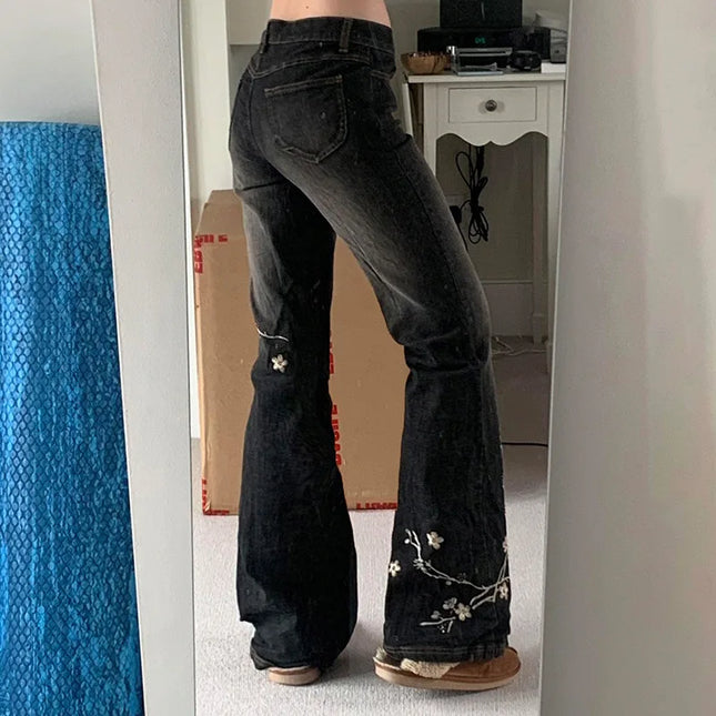 Women's Floral Embroidered Flared Jeans with Low Rise