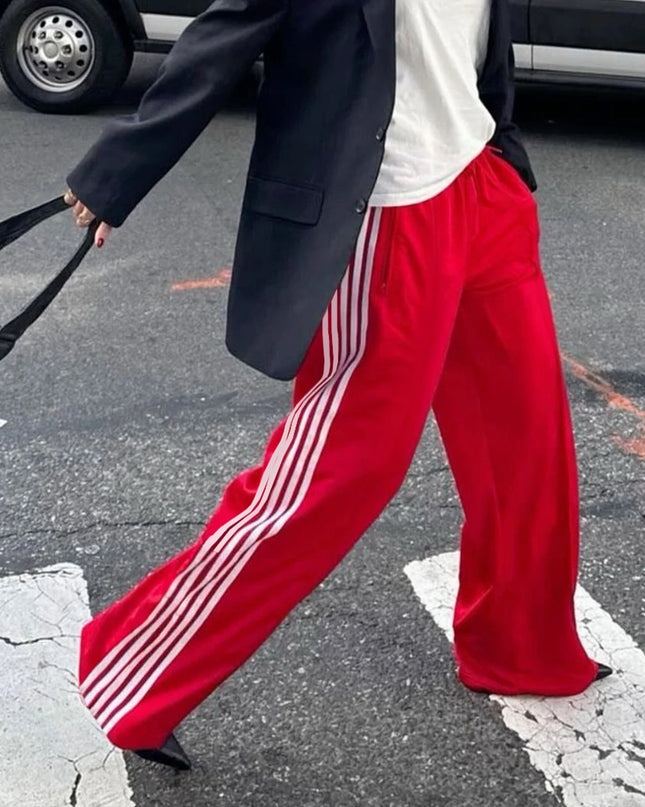 Women's Wide Leg Track Pants - Baggy Side Striped Sweatpants with Elastic Waistband